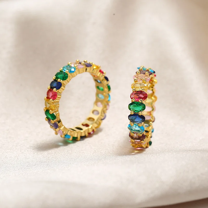 Europe-inspired Minimalist Gold Plated Double Layer Ring Women's Fashion Stainless Steel Jewelry Colorful Zircon Main Alloy