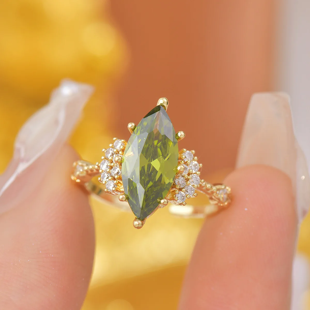 Women's Open Ring with French Retro Design 18K Gold Plated Heavy Industry Olive Green Zircon Vintage Style Brass for Engagement