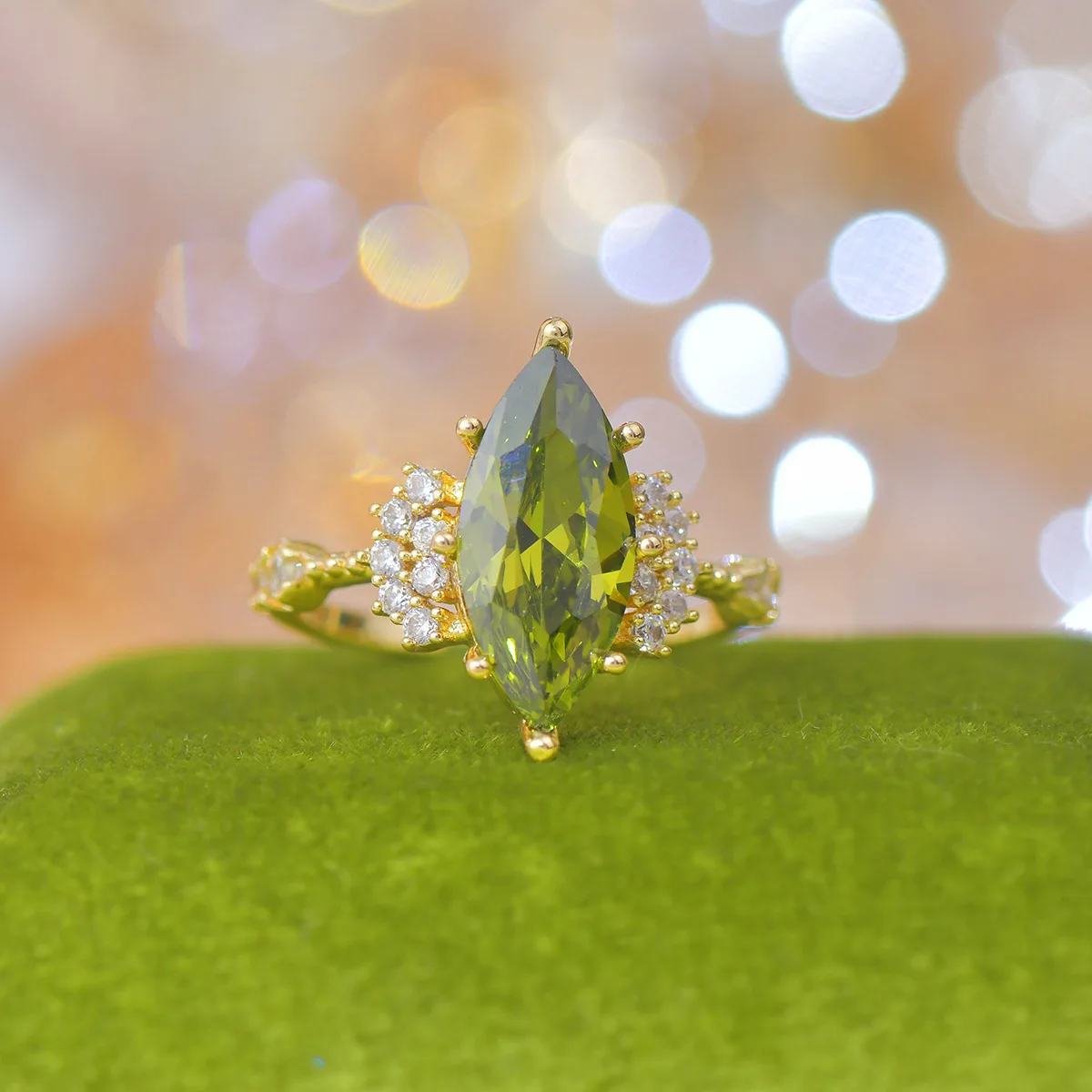 Women's Open Ring with French Retro Design 18K Gold Plated Heavy Industry Olive Green Zircon Vintage Style Brass for Engagement