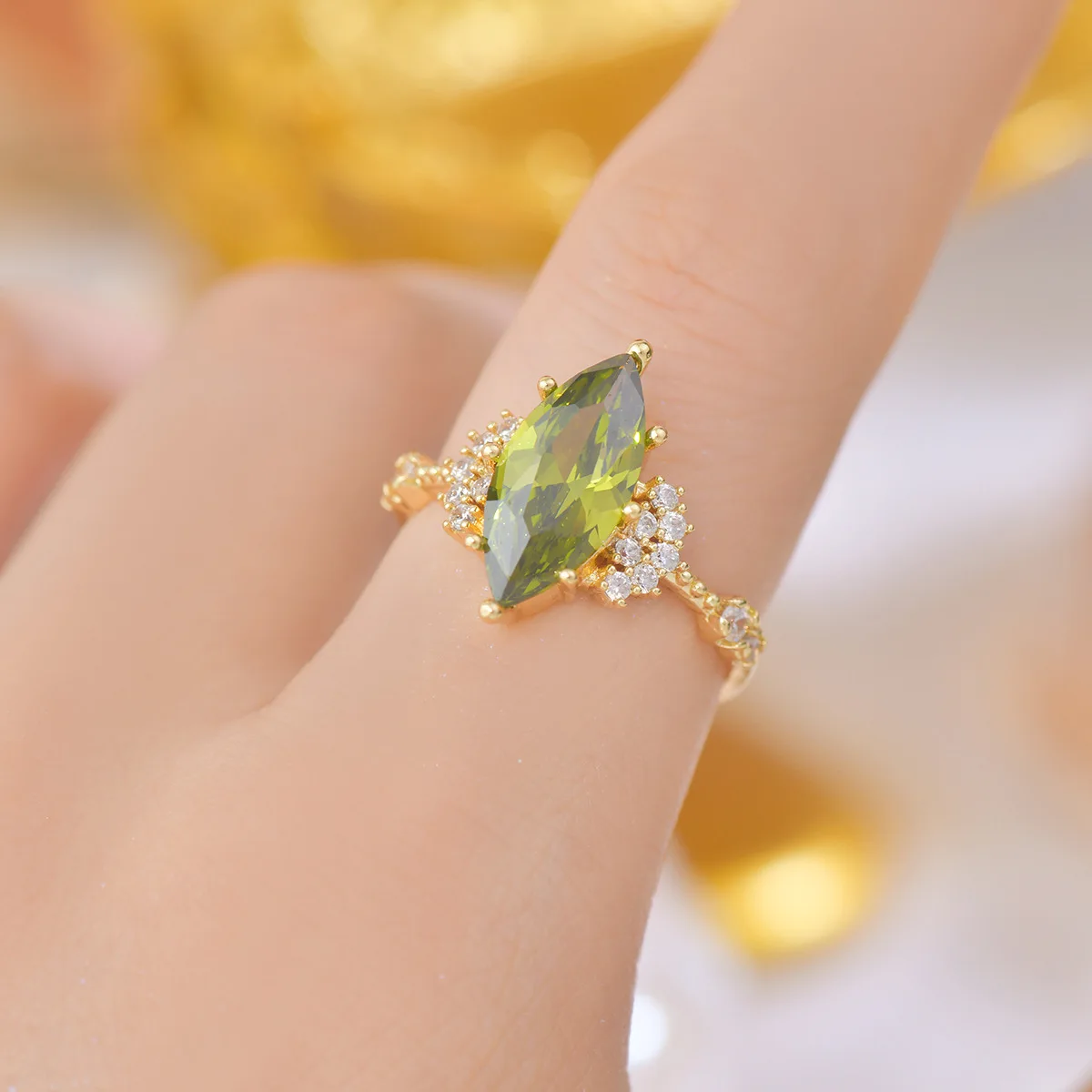 Women's Open Ring with French Retro Design 18K Gold Plated Heavy Industry Olive Green Zircon Vintage Style Brass for Engagement