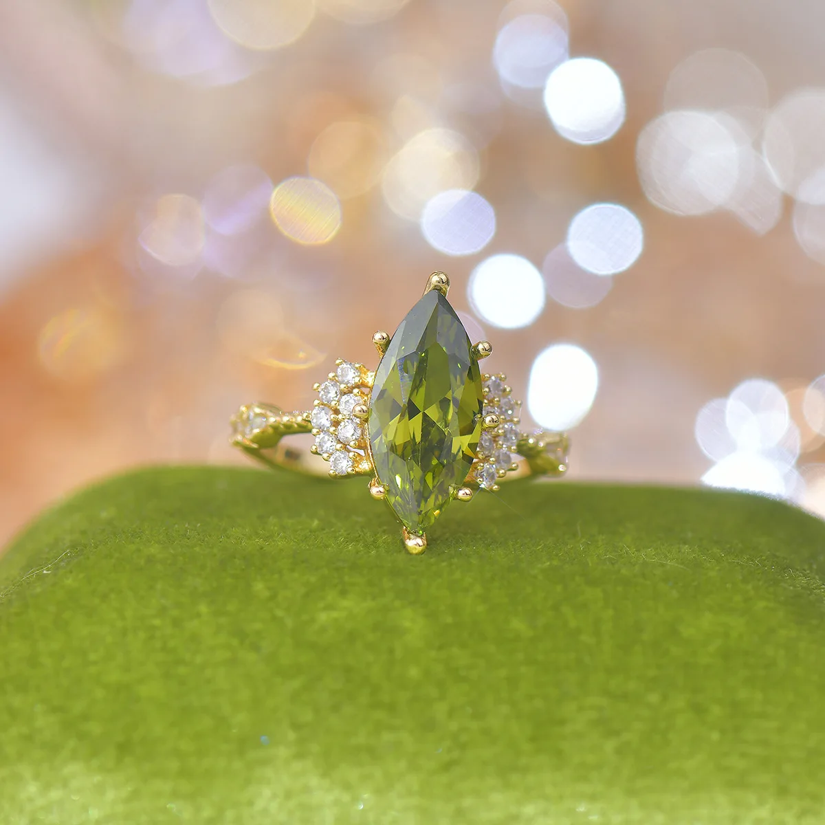 Women's Open Ring with French Retro Design 18K Gold Plated Heavy Industry Olive Green Zircon Vintage Style Brass for Engagement