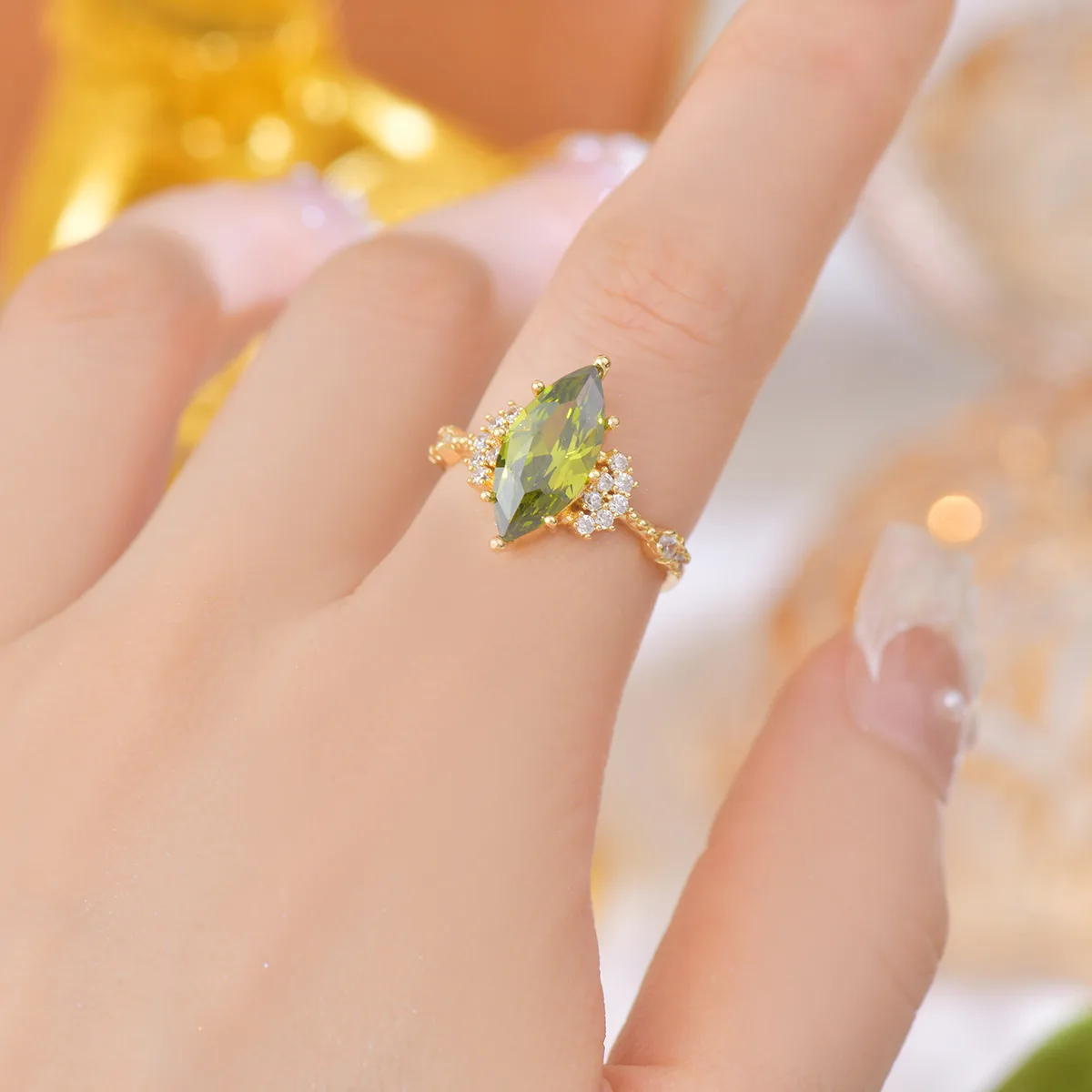 Women's Open Ring with French Retro Design 18K Gold Plated Heavy Industry Olive Green Zircon Vintage Style Brass for Engagement