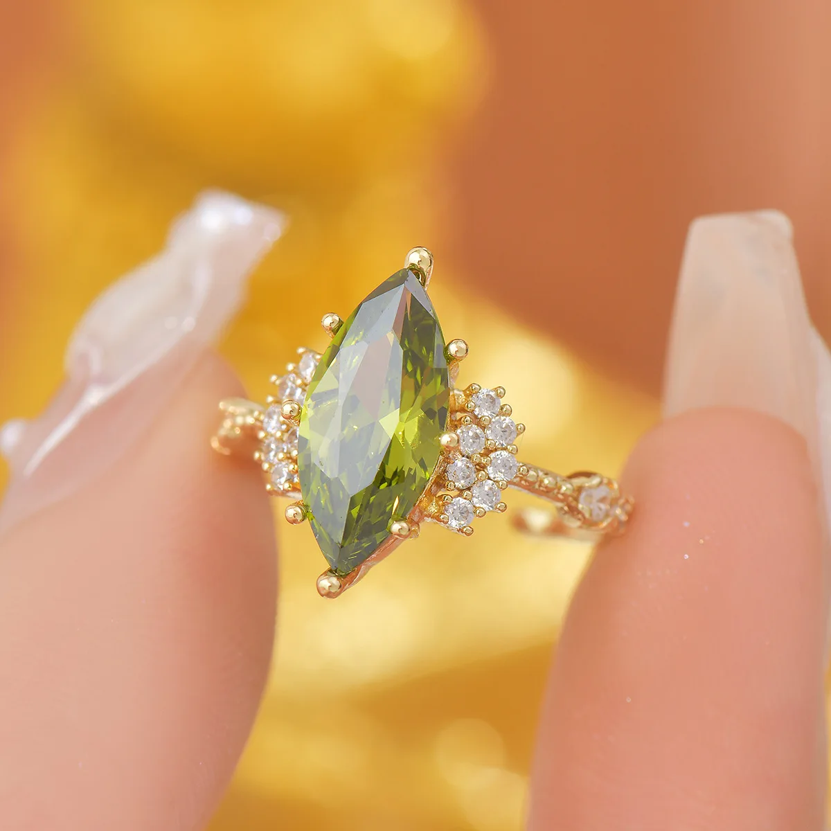 Women's Open Ring with French Retro Design 18K Gold Plated Heavy Industry Olive Green Zircon Vintage Style Brass for Engagement