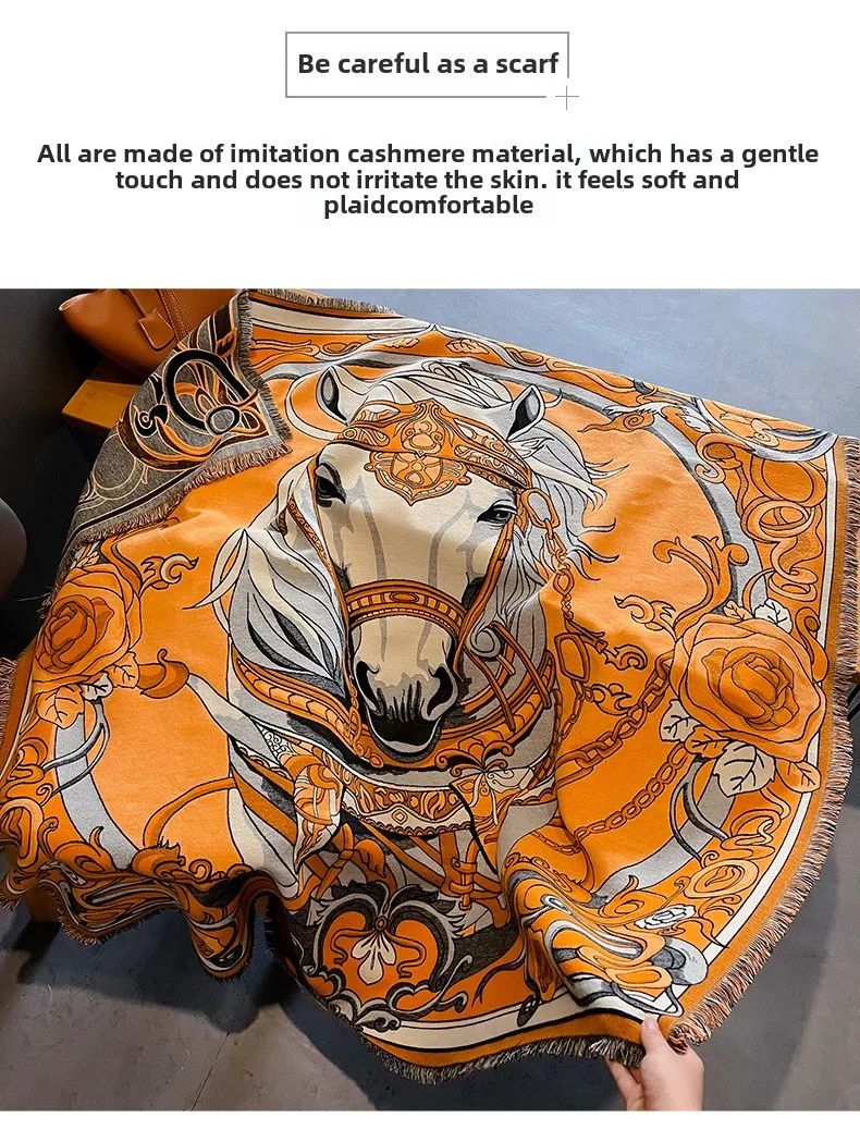 Vintage New 2024 Women's Printed Horse Square Shawl Cape Autumn Winter Thickened Warm Travel Blanket Air Conditioning Cover