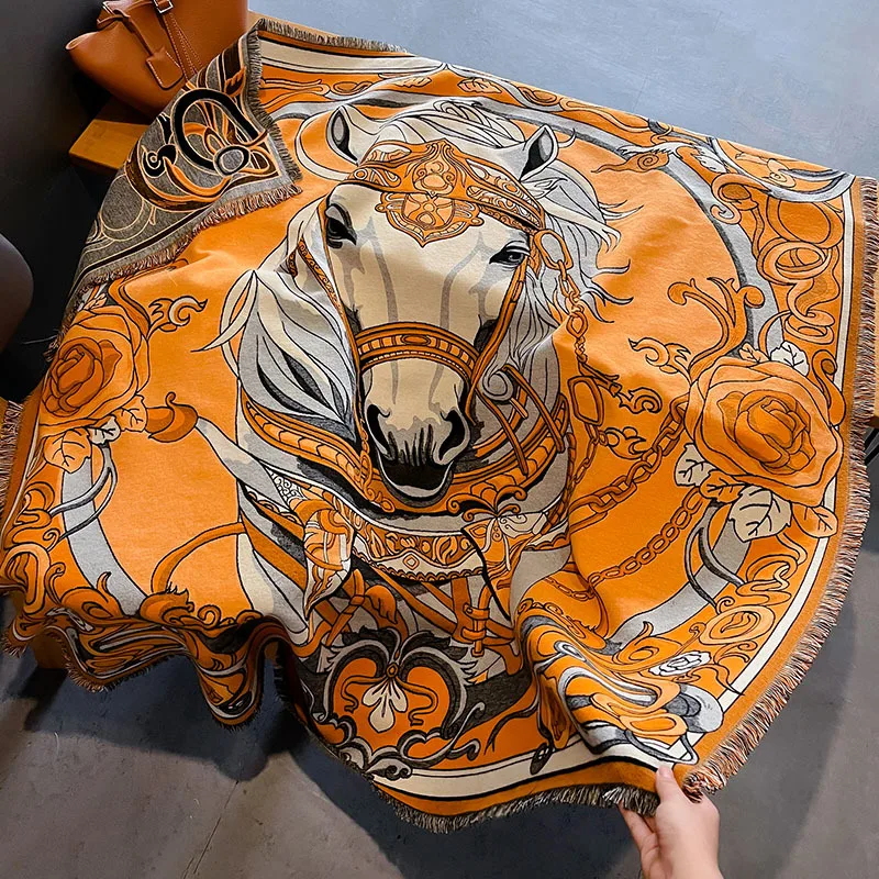 Vintage New 2024 Women's Printed Horse Square Shawl Cape Autumn Winter Thickened Warm Travel Blanket Air Conditioning Cover