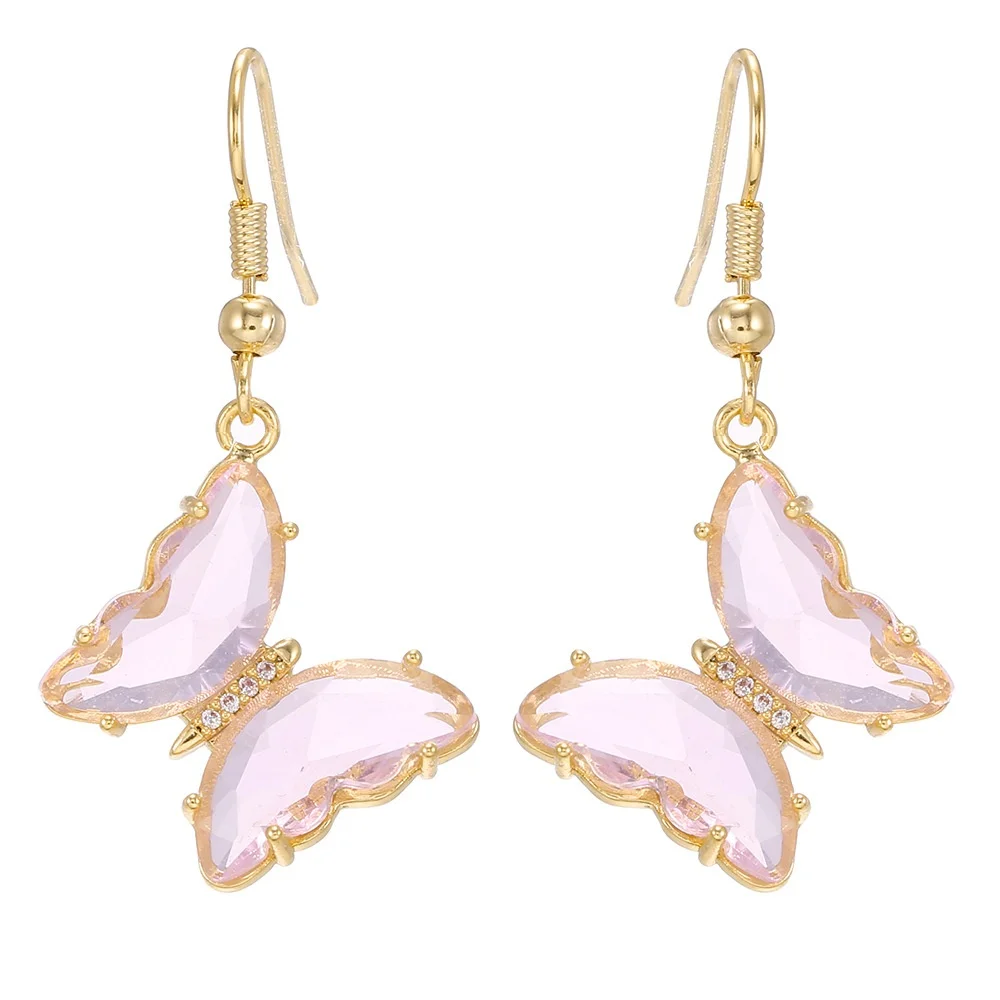 Hot Selling Elegant Gold Earrings for Women 925 Silver Needle Fairy Glass Butterfly Zircon Trendy Ear Hooks for Street Vending