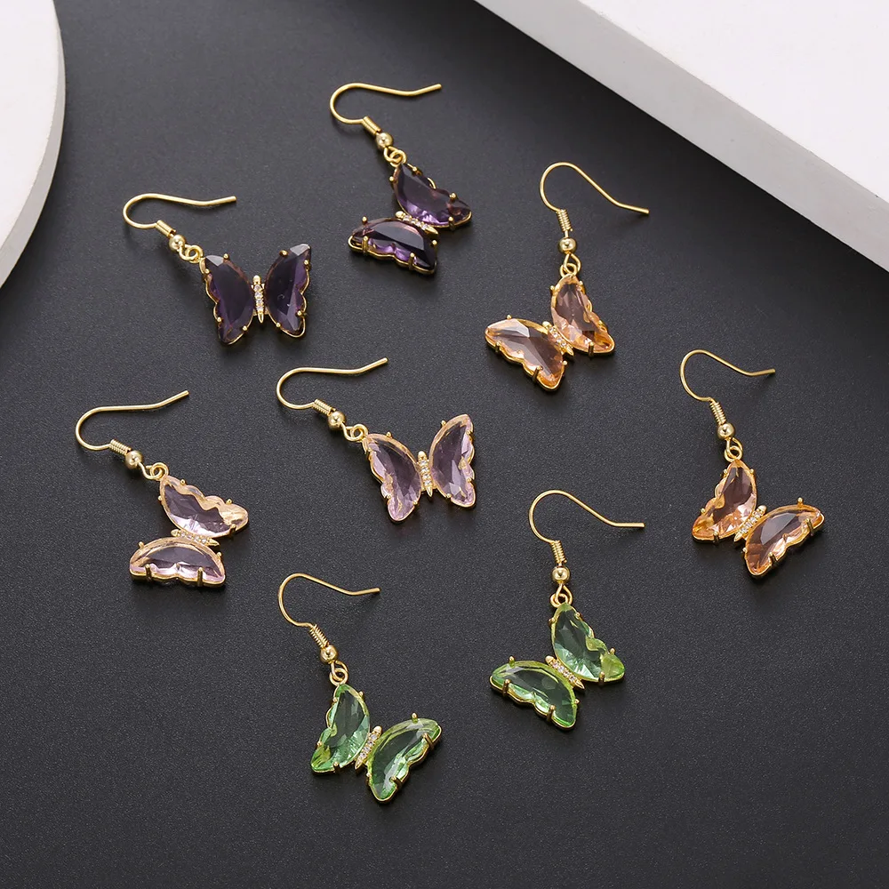 Hot Selling Elegant Gold Earrings for Women 925 Silver Needle Fairy Glass Butterfly Zircon Trendy Ear Hooks for Street Vending