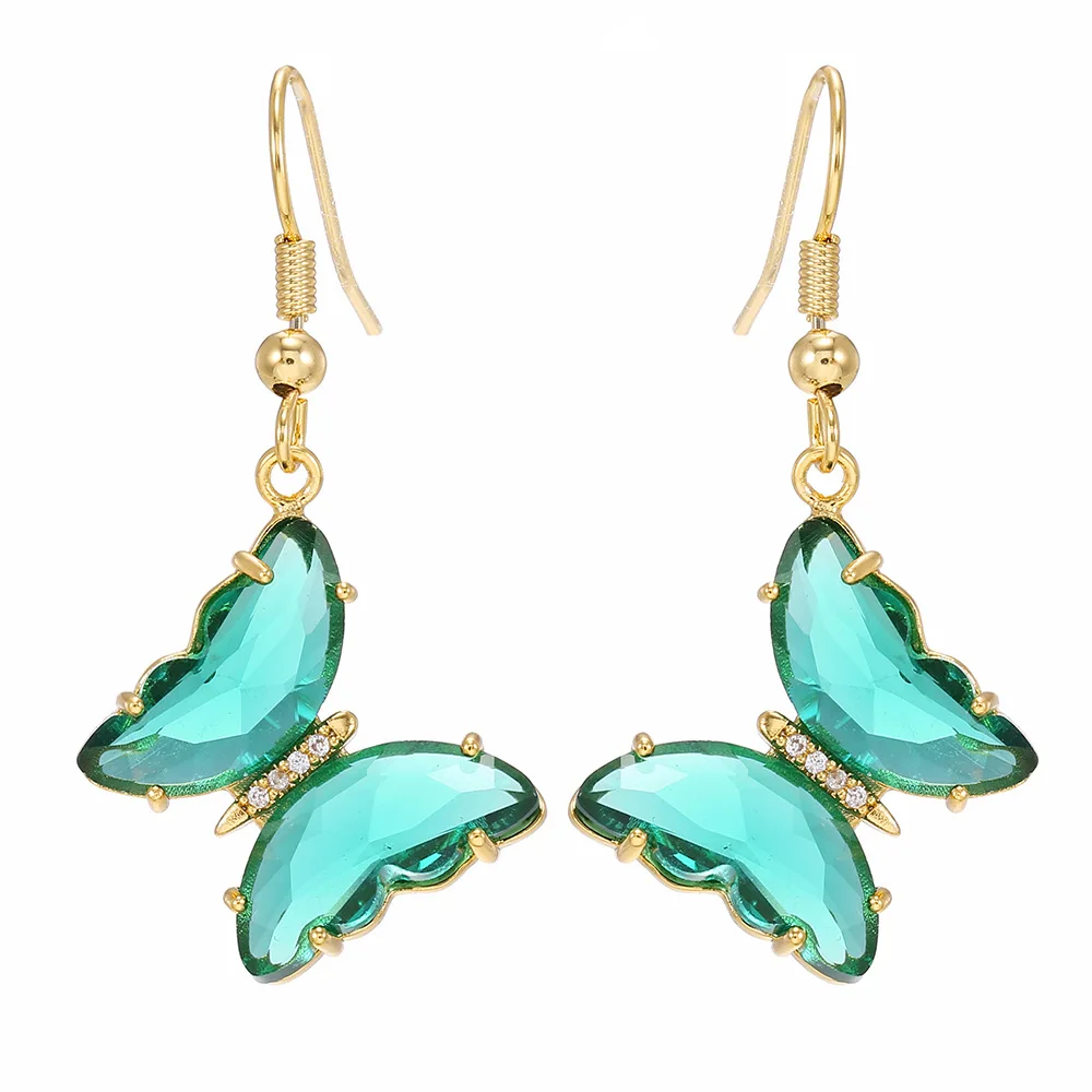 Hot Selling Elegant Gold Earrings for Women 925 Silver Needle Fairy Glass Butterfly Zircon Trendy Ear Hooks for Street Vending