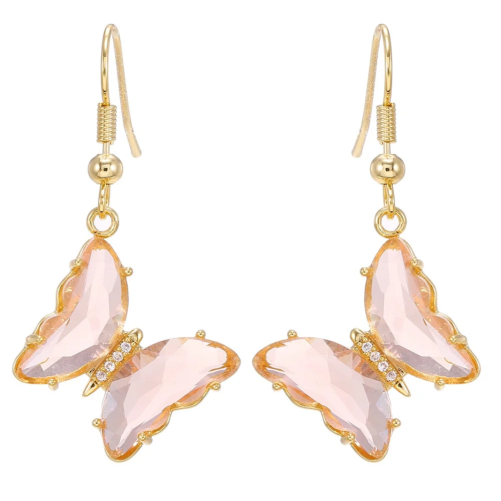 Hot Selling Elegant Gold Earrings for Women 925 Silver Needle Fairy Glass Butterfly Zircon Trendy Ear Hooks for Street Vending