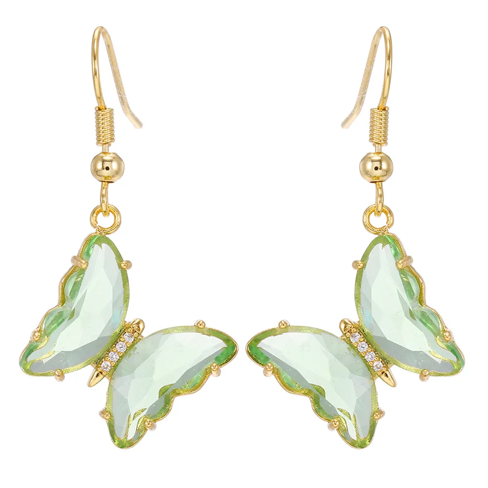 Hot Selling Elegant Gold Earrings for Women 925 Silver Needle Fairy Glass Butterfly Zircon Trendy Ear Hooks for Street Vending
