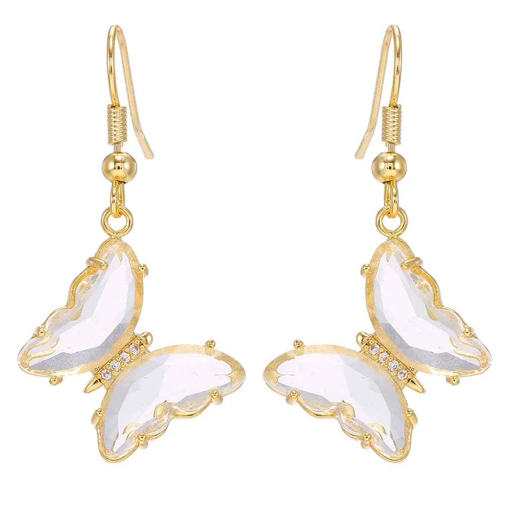 Hot Selling Elegant Gold Earrings for Women 925 Silver Needle Fairy Glass Butterfly Zircon Trendy Ear Hooks for Street Vending