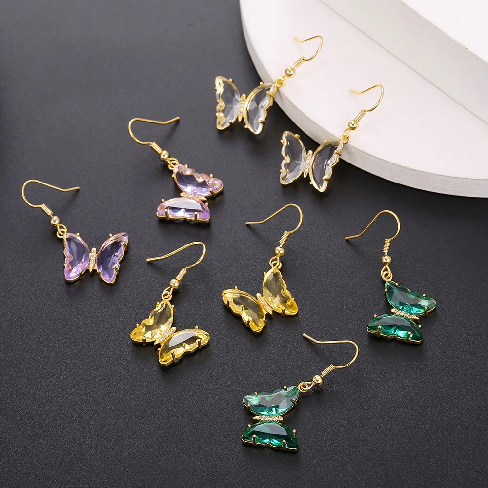 Hot Selling Elegant Gold Earrings for Women 925 Silver Needle Fairy Glass Butterfly Zircon Trendy Ear Hooks for Street Vending