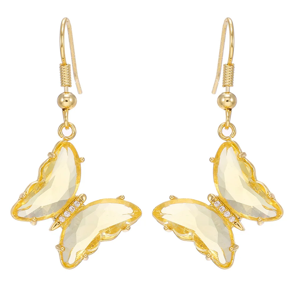 Hot Selling Elegant Gold Earrings for Women 925 Silver Needle Fairy Glass Butterfly Zircon Trendy Ear Hooks for Street Vending