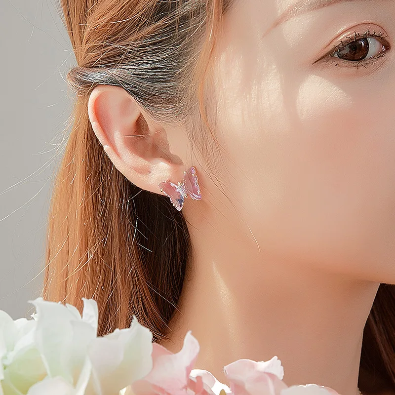 Hot Selling Elegant Gold Earrings for Women 925 Silver Needle Fairy Glass Butterfly Zircon Trendy Ear Hooks for Street Vending