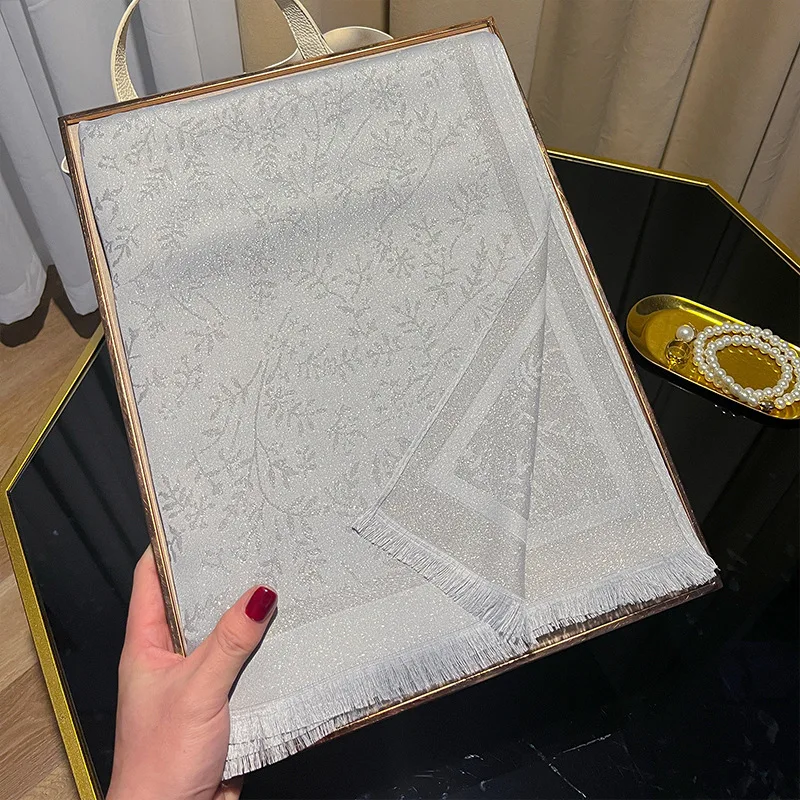 Women's Long Gold Polyester Cotton Shawl Spring Fashion Travel Beach Towel with Tassel Printed Leaf Pattern Logo Wrap