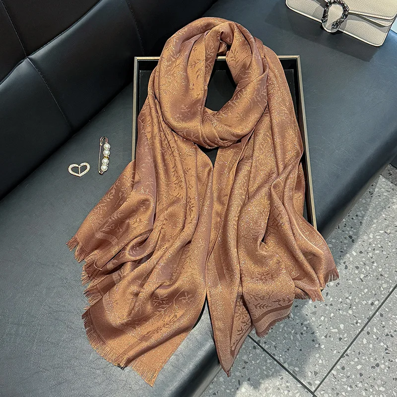 Women's Long Gold Polyester Cotton Shawl Spring Fashion Travel Beach Towel with Tassel Printed Leaf Pattern Logo Wrap