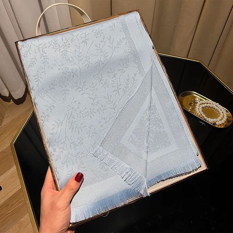 Women's Long Gold Polyester Cotton Shawl Spring Fashion Travel Beach Towel with Tassel Printed Leaf Pattern Logo Wrap