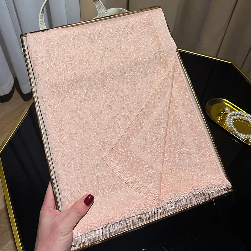 Women's Long Gold Polyester Cotton Shawl Spring Fashion Travel Beach Towel with Tassel Printed Leaf Pattern Logo Wrap