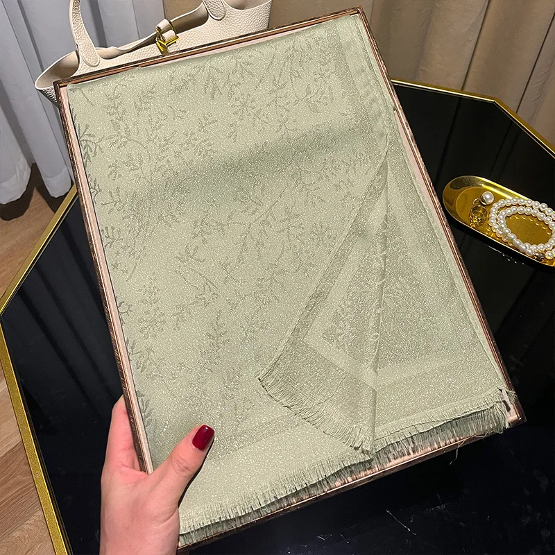 Women's Long Gold Polyester Cotton Shawl Spring Fashion Travel Beach Towel with Tassel Printed Leaf Pattern Logo Wrap
