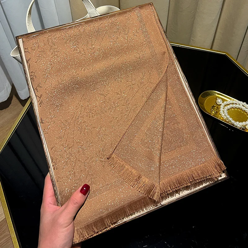 Women's Long Gold Polyester Cotton Shawl Spring Fashion Travel Beach Towel with Tassel Printed Leaf Pattern Logo Wrap