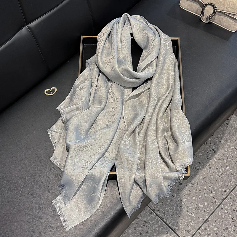 Women's Long Gold Polyester Cotton Shawl Spring Fashion Travel Beach Towel with Tassel Printed Leaf Pattern Logo Wrap