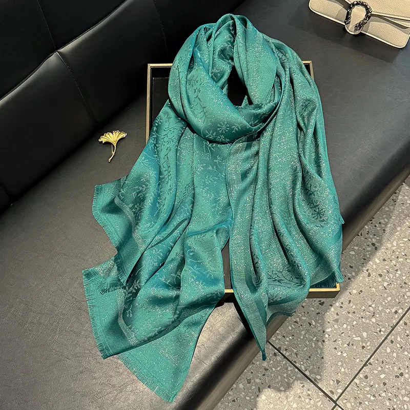 Women's Long Gold Polyester Cotton Shawl Spring Fashion Travel Beach Towel with Tassel Printed Leaf Pattern Logo Wrap