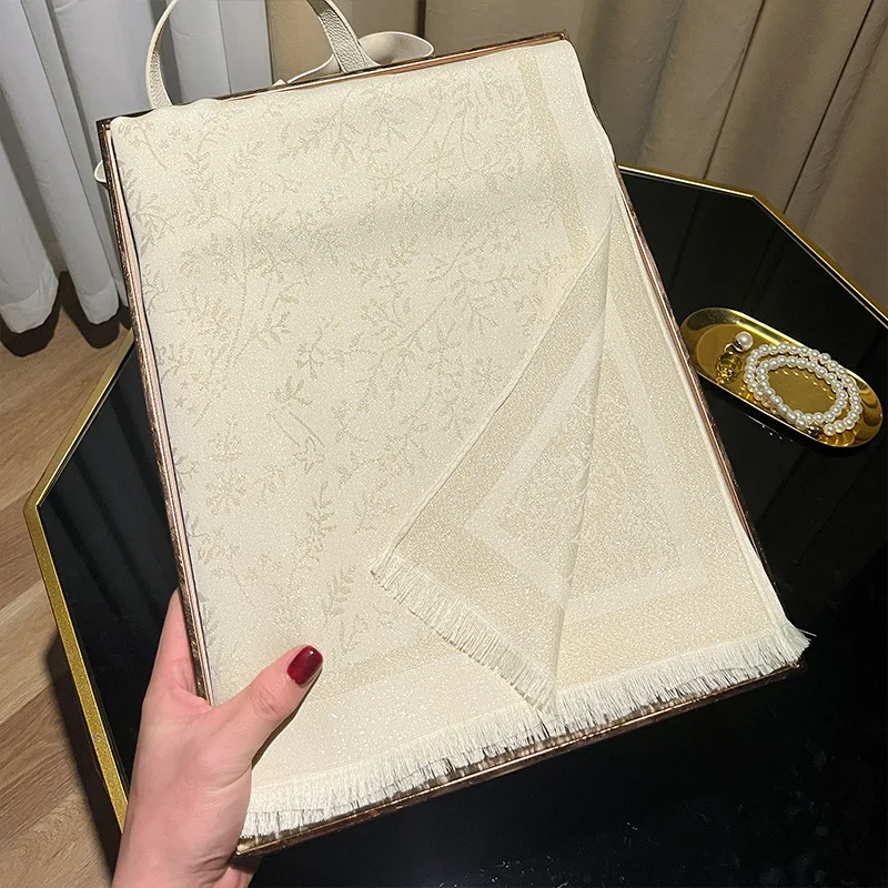 Women's Long Gold Polyester Cotton Shawl Spring Fashion Travel Beach Towel with Tassel Printed Leaf Pattern Logo Wrap