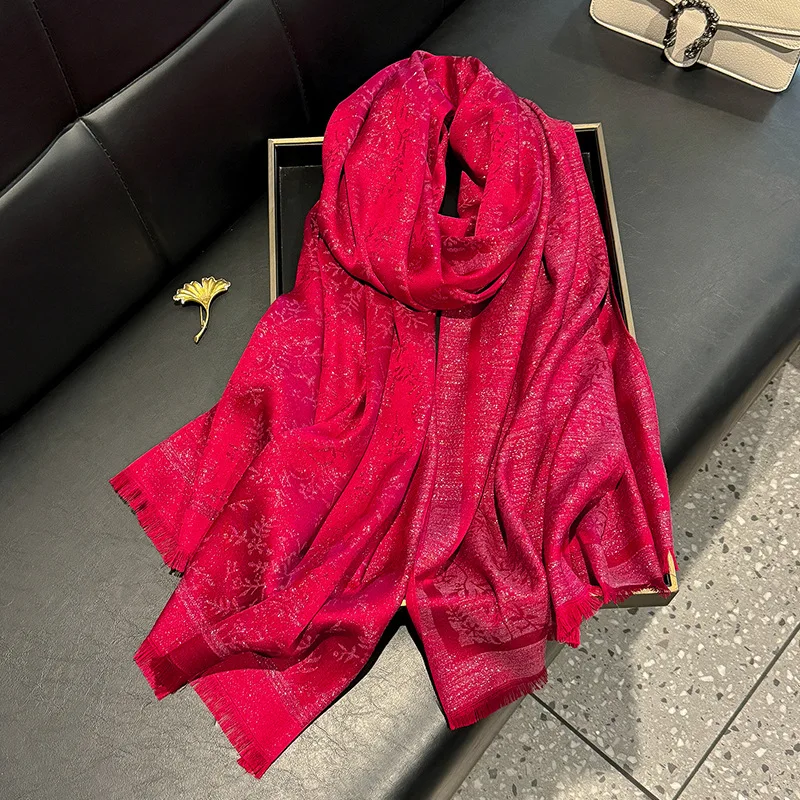 Women's Long Gold Polyester Cotton Shawl Spring Fashion Travel Beach Towel with Tassel Printed Leaf Pattern Logo Wrap