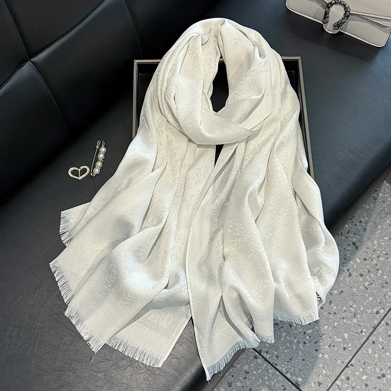 Women's Long Gold Polyester Cotton Shawl Spring Fashion Travel Beach Towel with Tassel Printed Leaf Pattern Logo Wrap