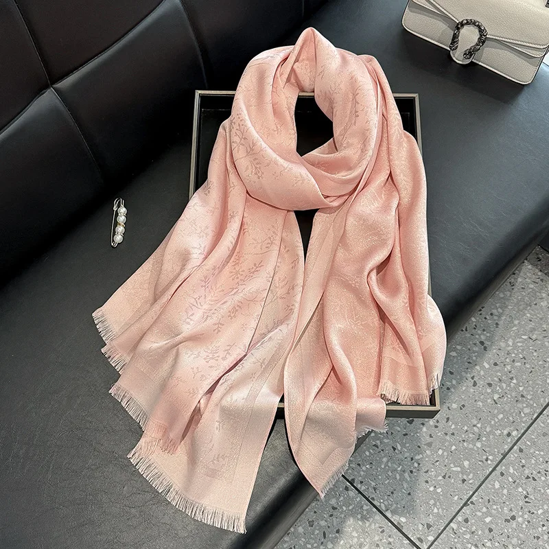 Women's Long Gold Polyester Cotton Shawl Spring Fashion Travel Beach Towel with Tassel Printed Leaf Pattern Logo Wrap
