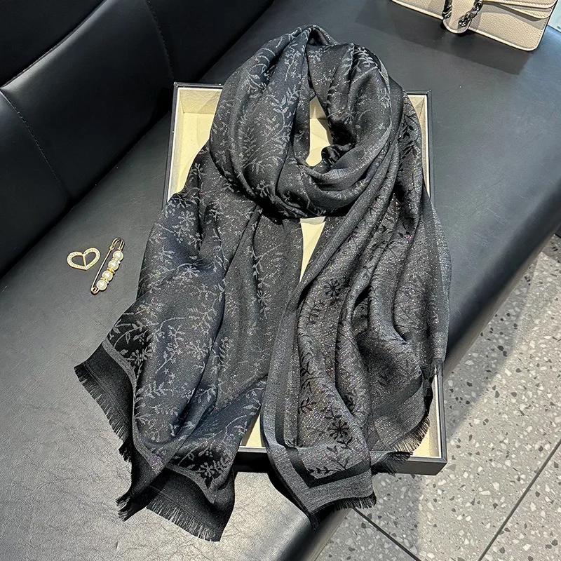 Women's Long Gold Polyester Cotton Shawl Spring Fashion Travel Beach Towel with Tassel Printed Leaf Pattern Logo Wrap