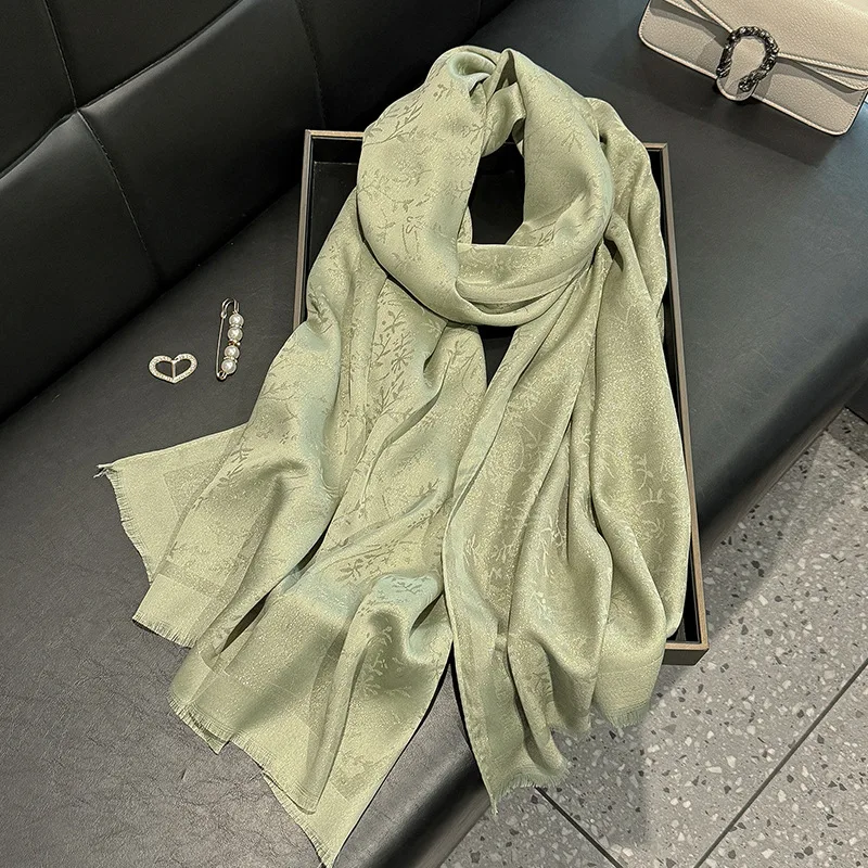Women's Long Gold Polyester Cotton Shawl Spring Fashion Travel Beach Towel with Tassel Printed Leaf Pattern Logo Wrap