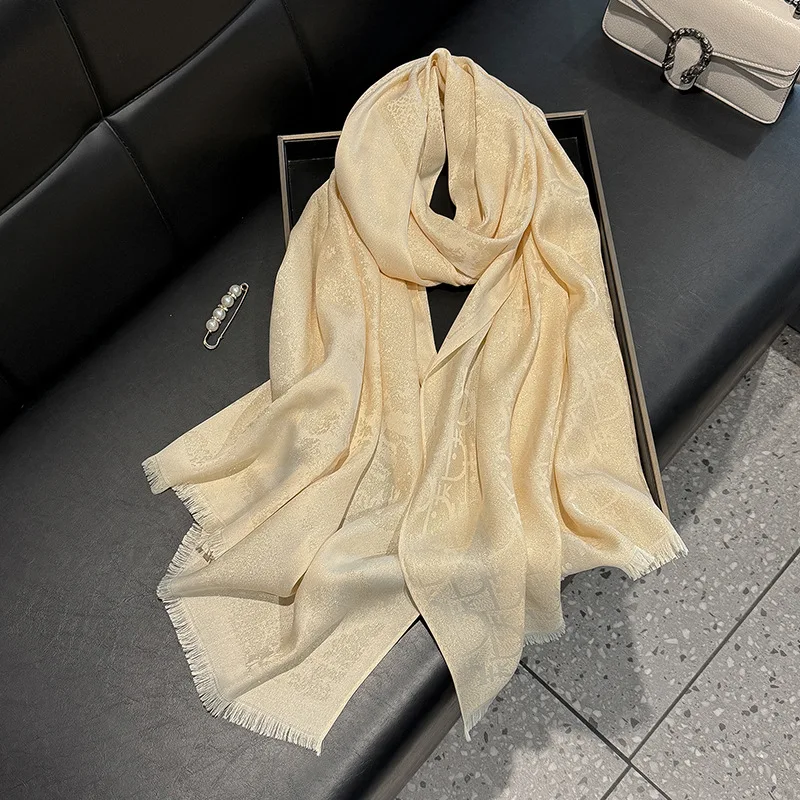 Women's Long Gold Polyester Cotton Shawl Spring Fashion Travel Beach Towel with Tassel Printed Leaf Pattern Logo Wrap