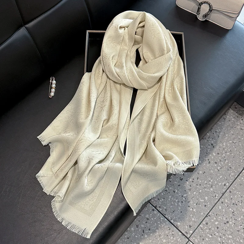 Women's Long Gold Polyester Cotton Shawl Spring Fashion Travel Beach Towel with Tassel Printed Leaf Pattern Logo Wrap