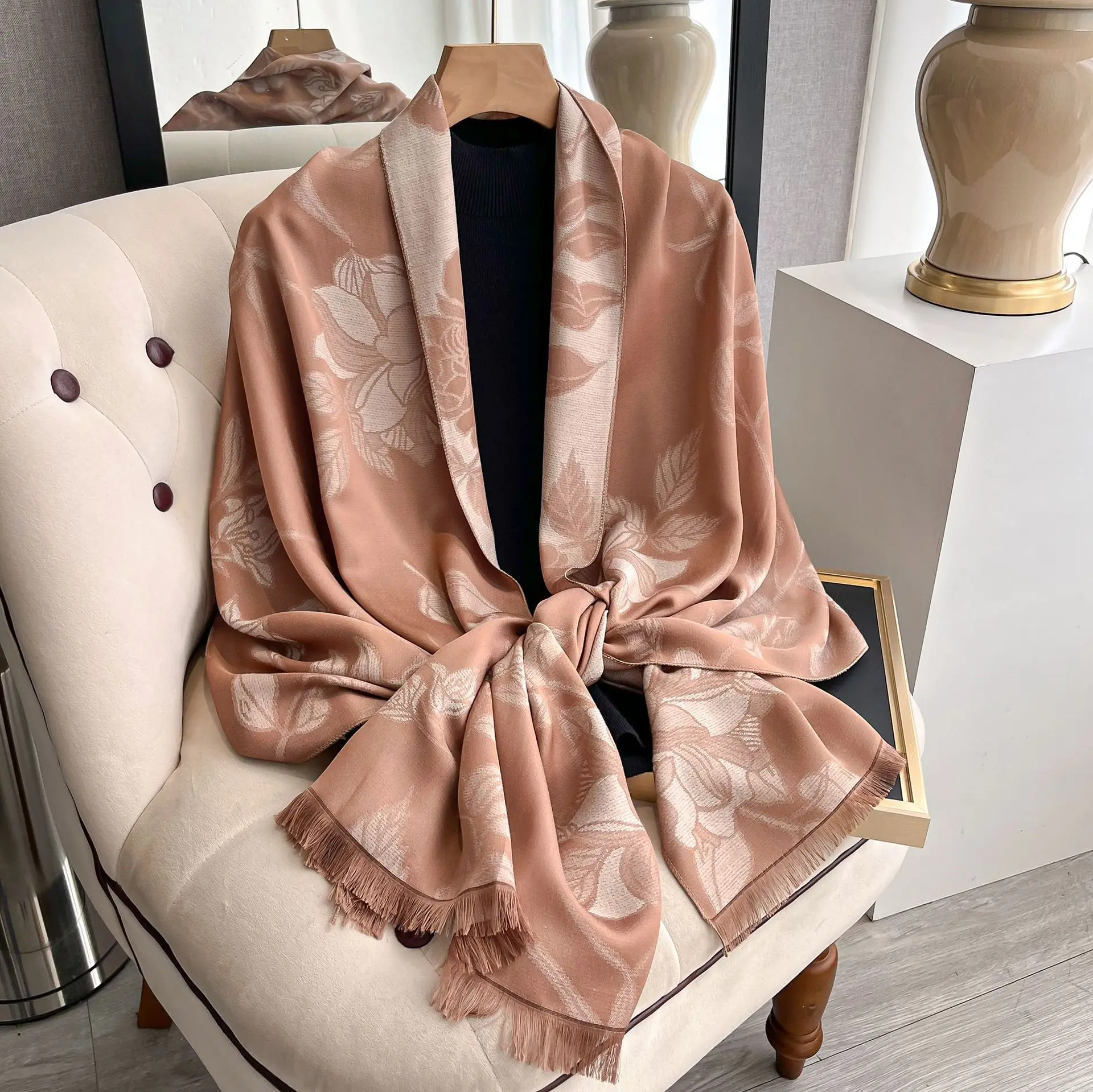 Women's Elegant Double-Sided Floral Design Tencel Cotton and Polyester Wrap Simple Atmospheric Warm Shawl Cloak for Commuting