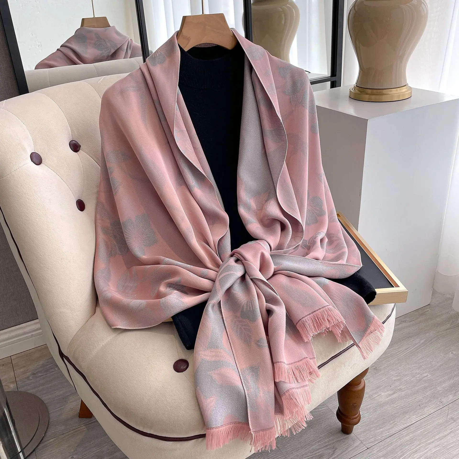 Women's Elegant Double-Sided Floral Design Tencel Cotton and Polyester Wrap Simple Atmospheric Warm Shawl Cloak for Commuting