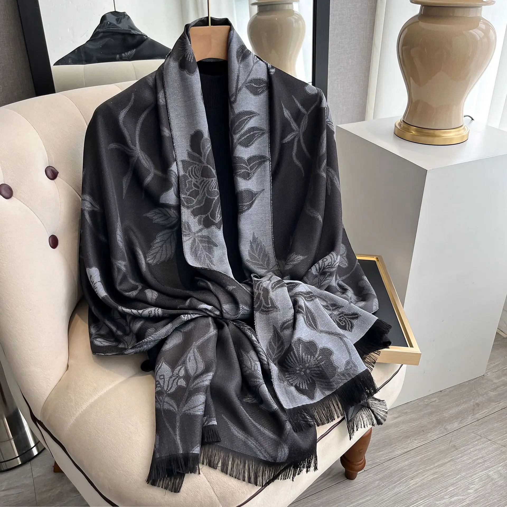 Women's Elegant Double-Sided Floral Design Tencel Cotton and Polyester Wrap Simple Atmospheric Warm Shawl Cloak for Commuting