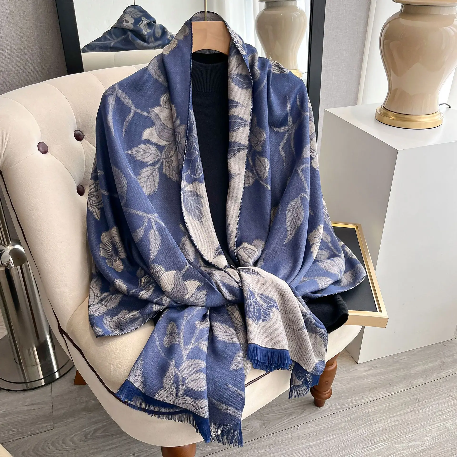 Women's Elegant Double-Sided Floral Design Tencel Cotton and Polyester Wrap Simple Atmospheric Warm Shawl Cloak for Commuting
