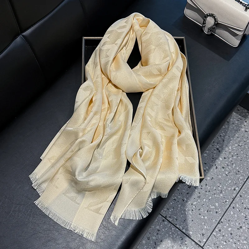 High-Grade Ladies Jacquard Scarf Soft Shawl Jersey Cotton Tencel Gold Polyester Crinkle Wrap for Spring Summer Fashion Design