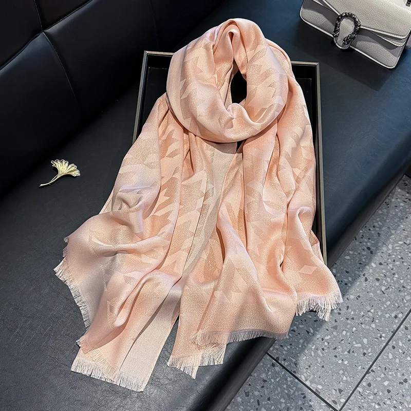 High-Grade Ladies Jacquard Scarf Soft Shawl Jersey Cotton Tencel Gold Polyester Crinkle Wrap for Spring Summer Fashion Design