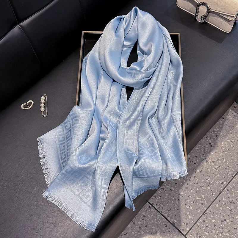 Elegant Long Scarf and Short Beard Tencel Cotton New Spring Fashion Simulated Silk Hijab Gold Polyester with Geometric Design