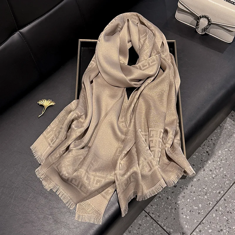 Elegant Long Scarf and Short Beard Tencel Cotton New Spring Fashion Simulated Silk Hijab Gold Polyester with Geometric Design