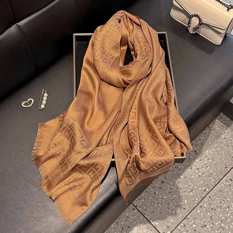 Elegant Long Scarf and Short Beard Tencel Cotton New Spring Fashion Simulated Silk Hijab Gold Polyester with Geometric Design