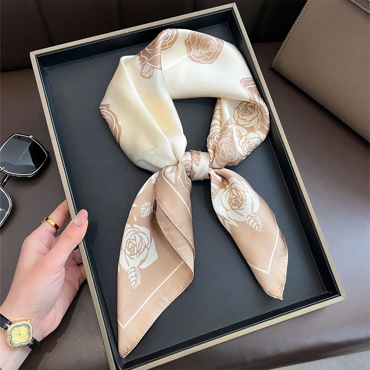 Fashion Custom Women Floral Pattern imitation Silk Square Scarves Neckerchief 70*70CM  Print Small Neck Tie Hijabs for Ladies