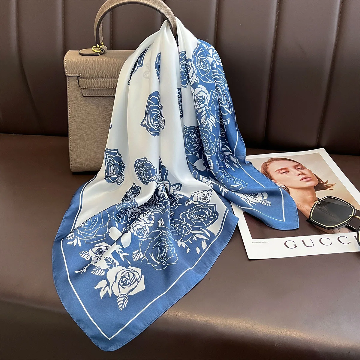 Fashion Custom Women Floral Pattern imitation Silk Square Scarves Neckerchief 70*70CM  Print Small Neck Tie Hijabs for Ladies