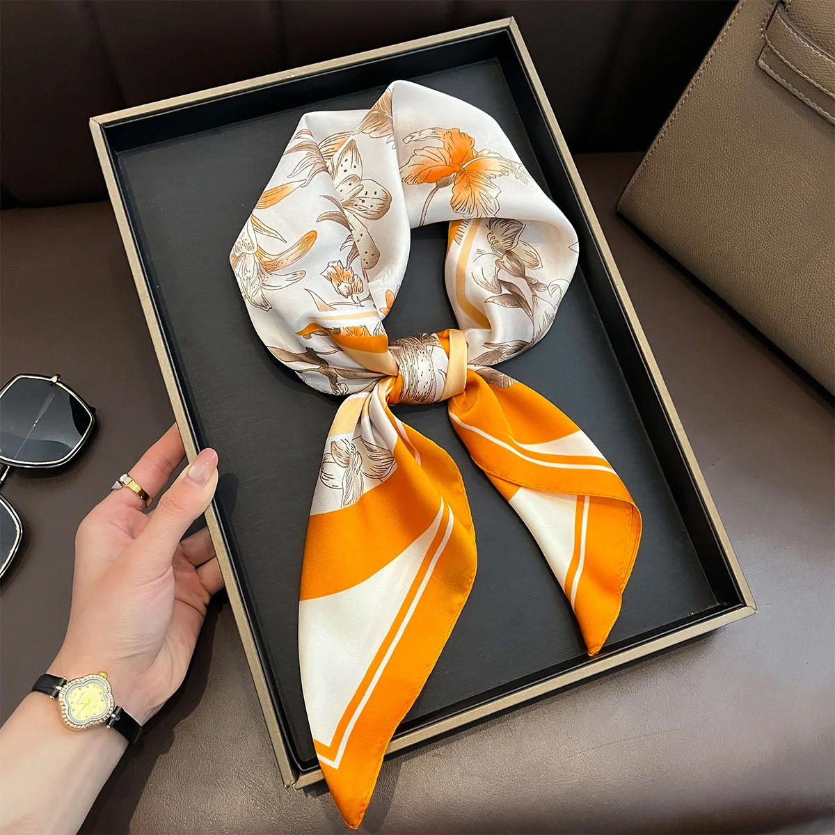 2025 summer Custom Fashion Designer floral Print Silk Small square Scarf for Women 70*70cm designer square hijabs hair wraps