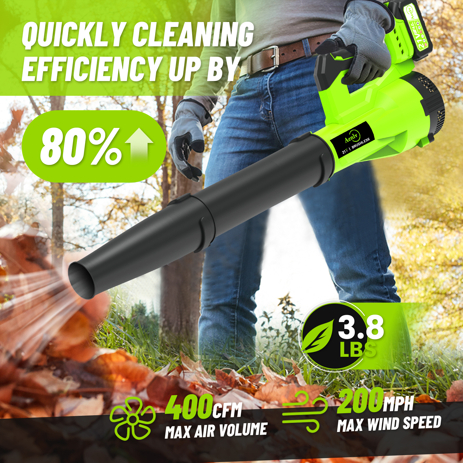 Leaf Blower Cordless, 400CFM &200MPH Brushless Motor Electric Leaf Blower with 2X 21V 4.0Ah Battery Powered ，5 Speed Powerful Blowing Ideal for Lawn Care & Yard Blowing Leaves, Dust or Snow