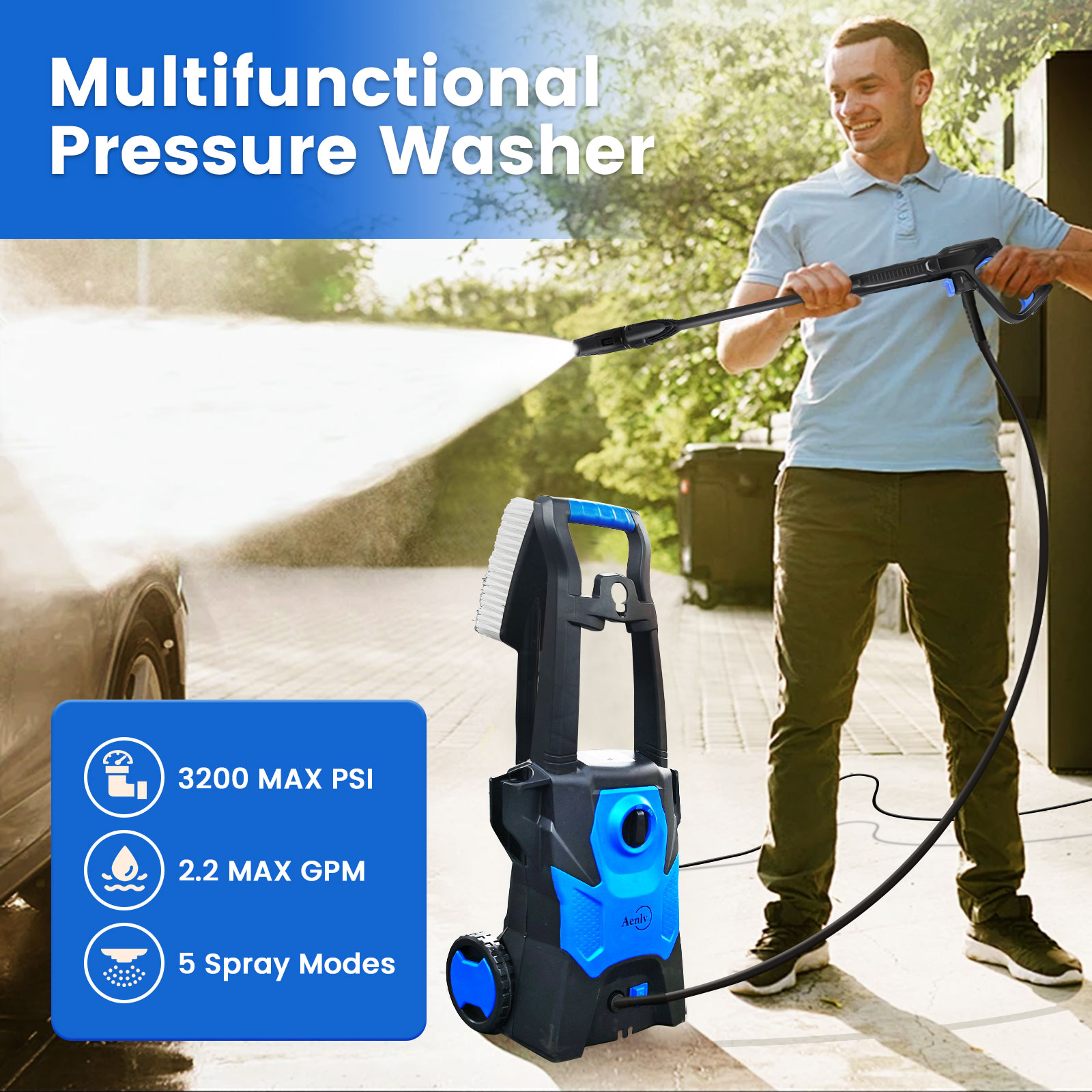 Electric Pressure Washer, Electric Power Washer with Rotatable Nozzles, 3200 PSI Max 2.2 GPM High Pressure Cleaning Machine with Foam Cannon, Power Washer for Car, Floor, Yard, Patios, Fence