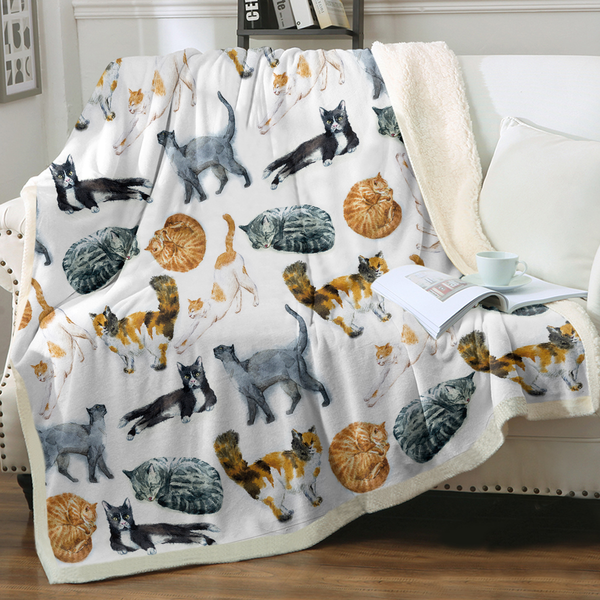 Colorful Cat Fleece Throw Blanket for Couch Chair Fuzzy Kitten Print Plush Sherpa Blanket Gifts for Cat Lovers Kids 50*60 Inches
