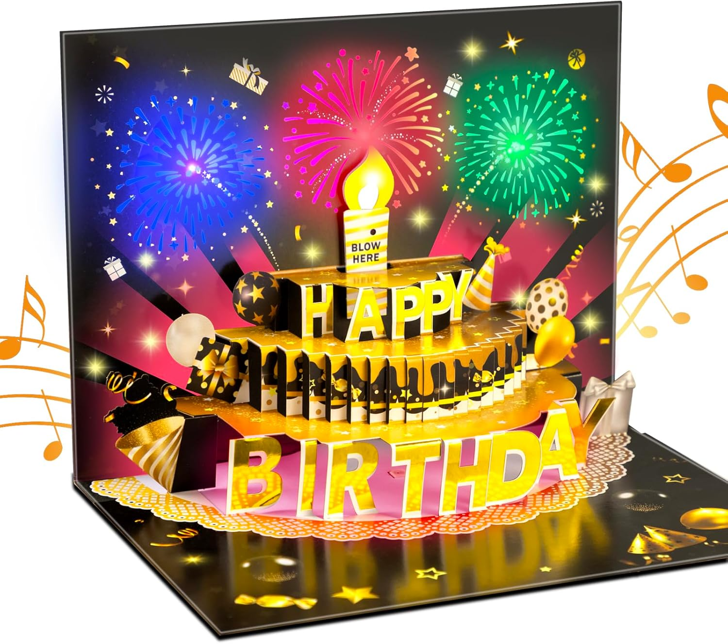 3D Pop Up Fireworks Birthday Cards, Blowable Cake Birthday Card with Music and Multicolor LED Lights Envelope and Blank Wish Card for Women, Kids, Men
